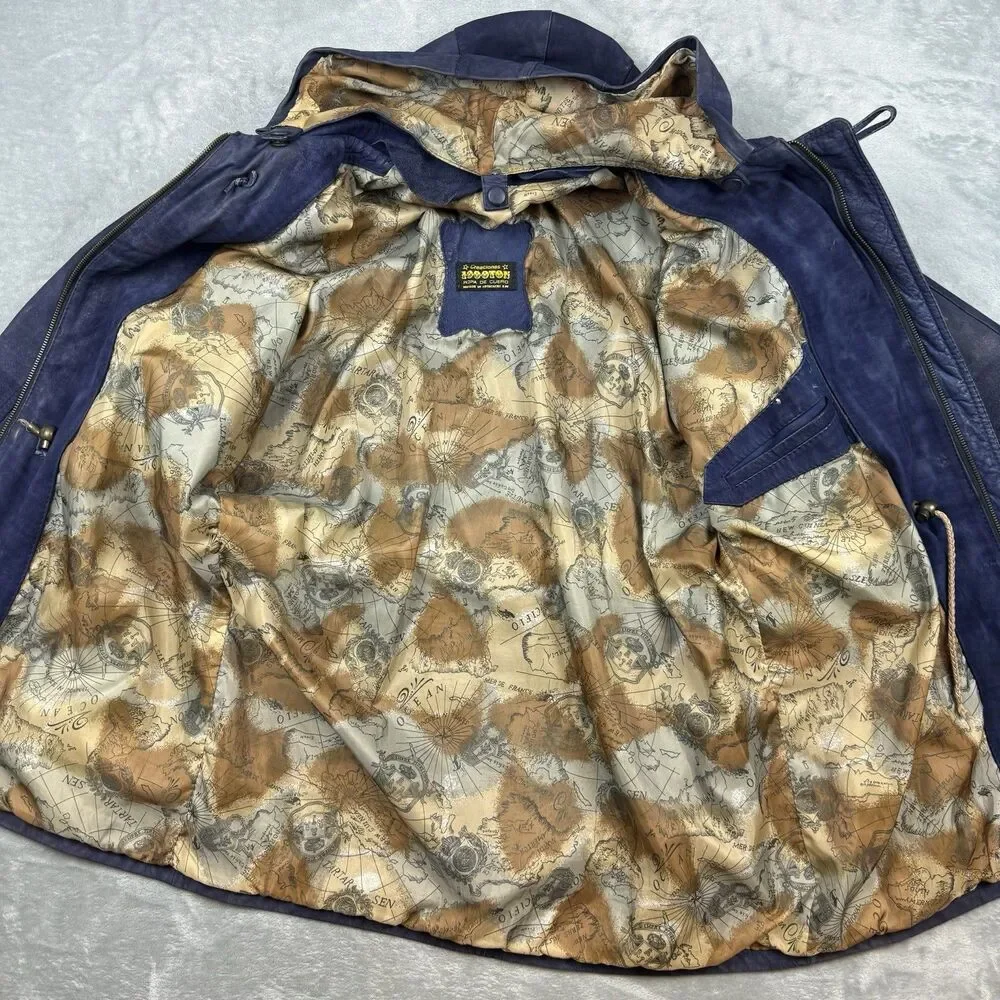 Vintage Creaciones 1000TON Blue Leather Hooded Jacket Coat Map Lined